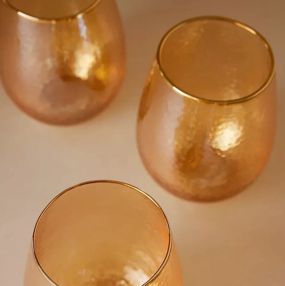 Anthropologie Zaza Honey Lustered Stemless Wine Glasses, Set of 2. New In Box